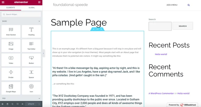 giao diện chỉnh sửa elementor