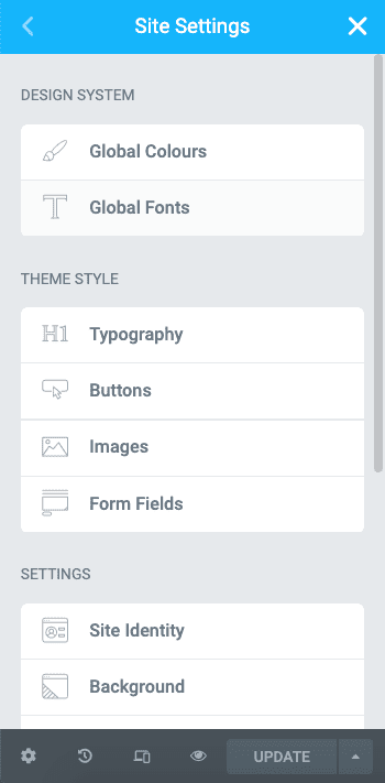 site settings menu elementor
